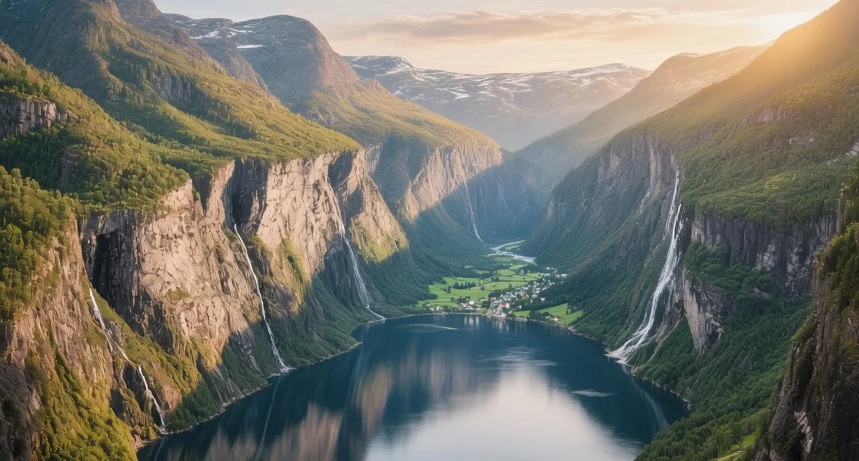 Geirangerfjord UNESCO site at sunrise with Seven Sisters waterfall, deep blue water, steep cliffs, Møre og Romsdal morning light