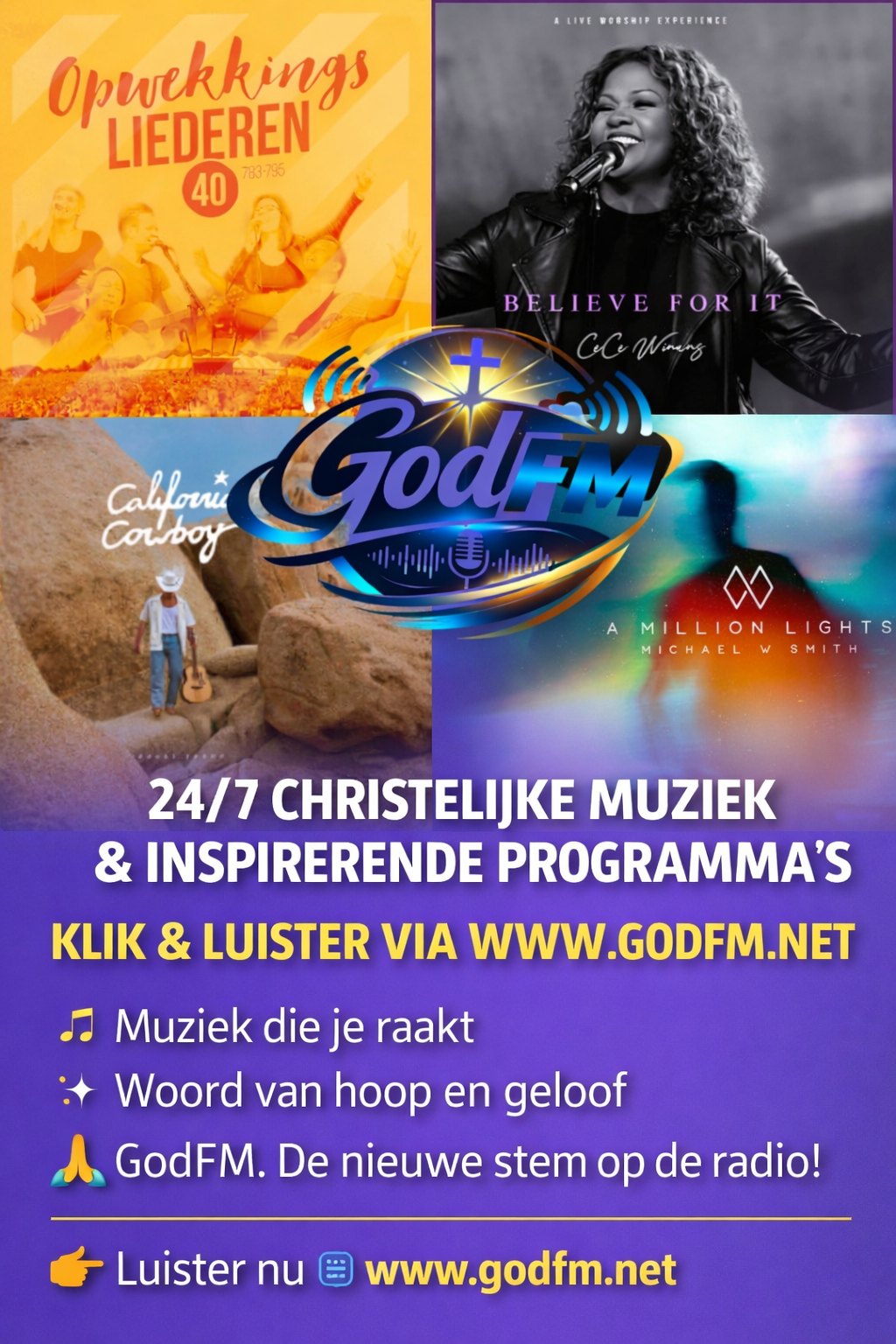 Cover Bij GodFM hoor je een brede mix van christelijke muziek en inspirerende content 🙌📻