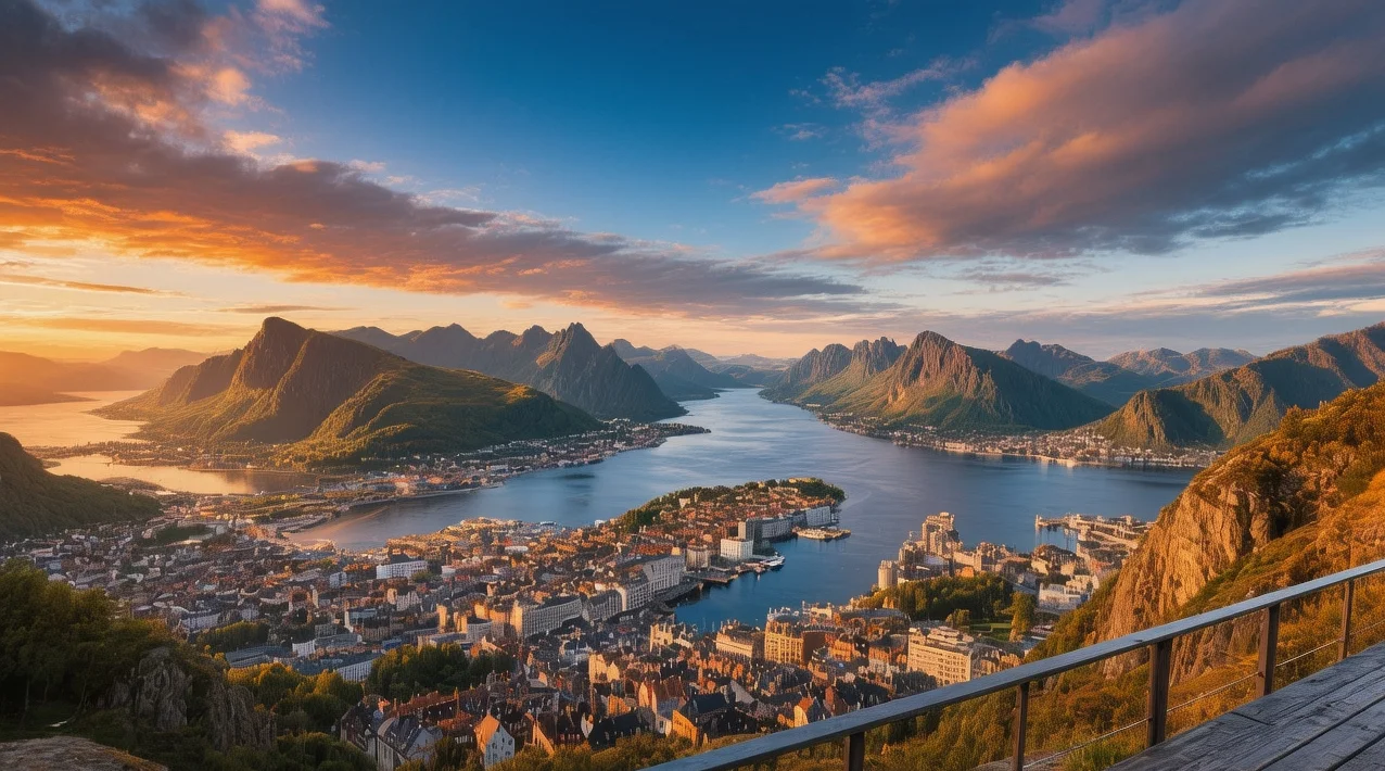 Fløyen mountain viewpoint at golden hour with Bergen cityscape, fjords, and seven mountains visible under dramatic Norwegian sky