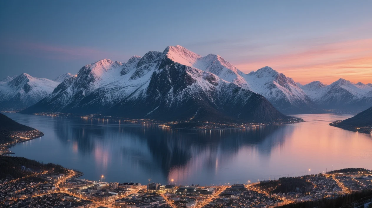 Molde Panorama view from Varden viewpoint showing snow-capped mountains across fjord at sunset with city lights below