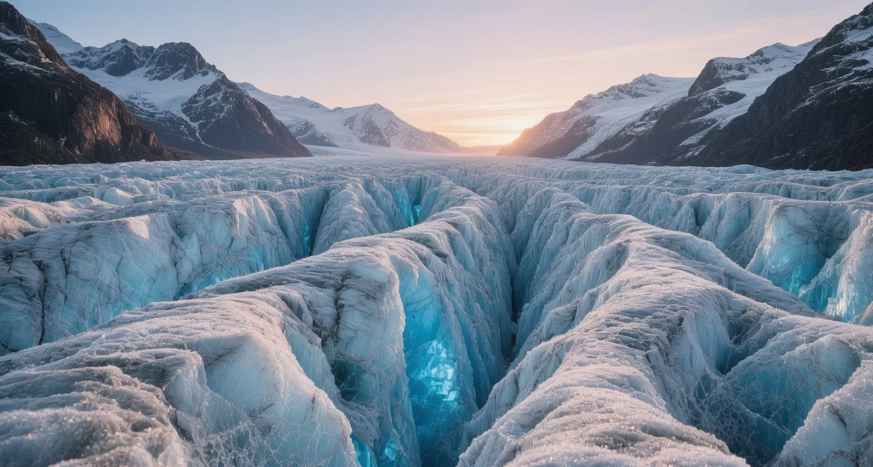 Jostedalsbreen glacier ice formation at sunrise with blue crevasses and surrounding Norwegian mountain peaks visible