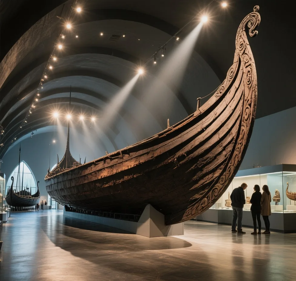 Viking Ship Museum interior showing Oseberg ship hull under dramatic museum lighting with visitors observing ancient artifacts