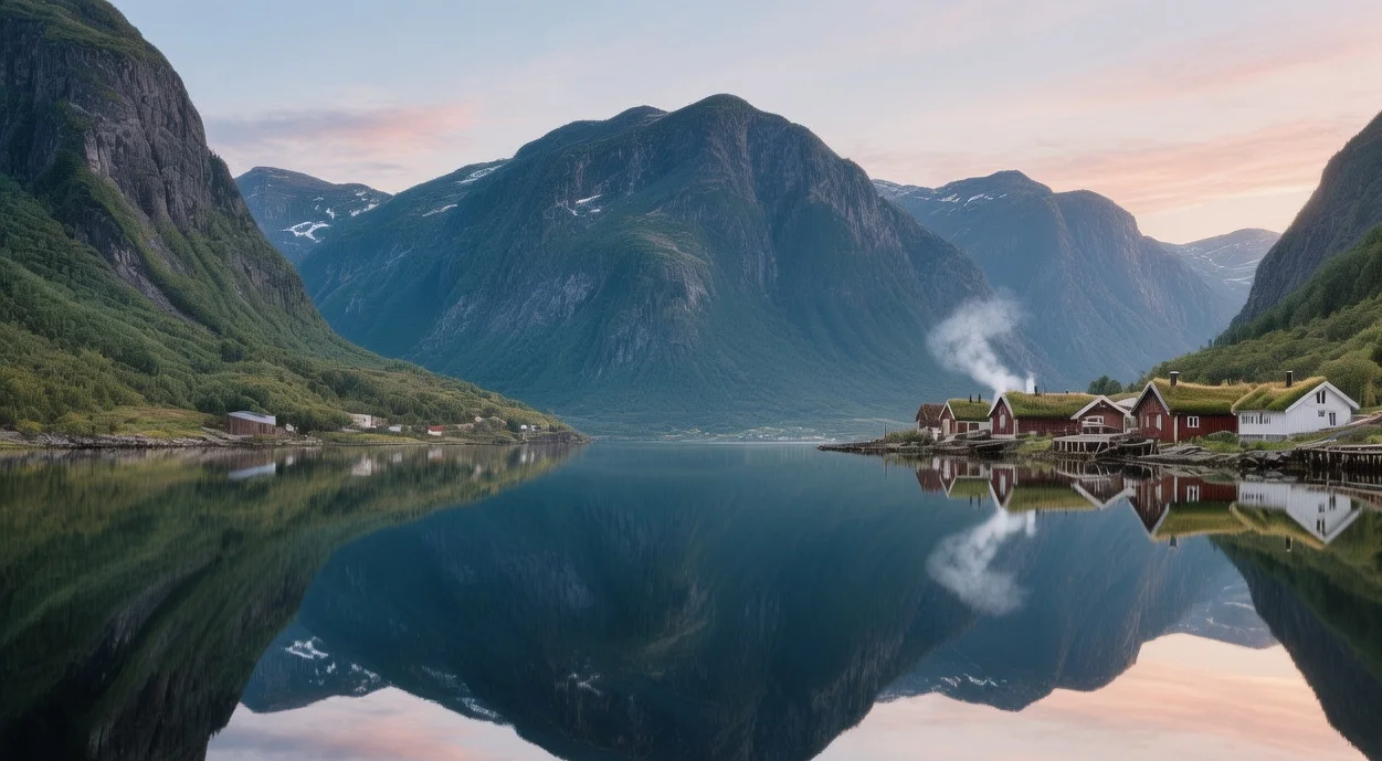 Sognefjord at dawn with steep mountainsides reflecting in mirror-still waters and traditional Norwegian village nestled on shore