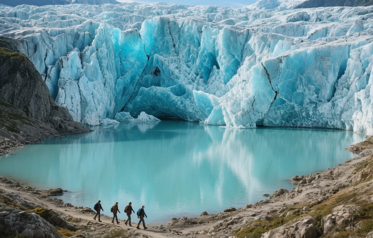 Briksdal Glacier blue ice wall towering over turquoise lake with tourists hiking on mountain trail below