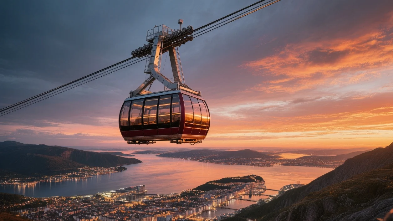 Ulriken cable car ascending Bergen's highest peak at sunset with panoramic fjord views and city lights below