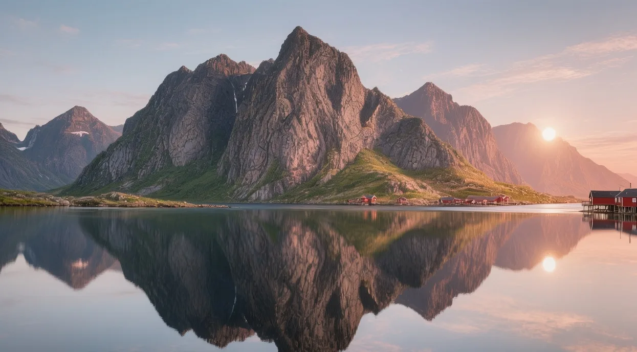 Lofoten Islands Norway at midnight sun with dramatic peaks reflecting in calm fjord waters during summer evening
