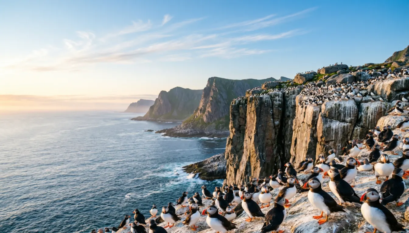 Runde bird island Norway at dawn with thousands of puffins and seabirds on dramatic coastal cliffs overlooking Atlantic Ocean