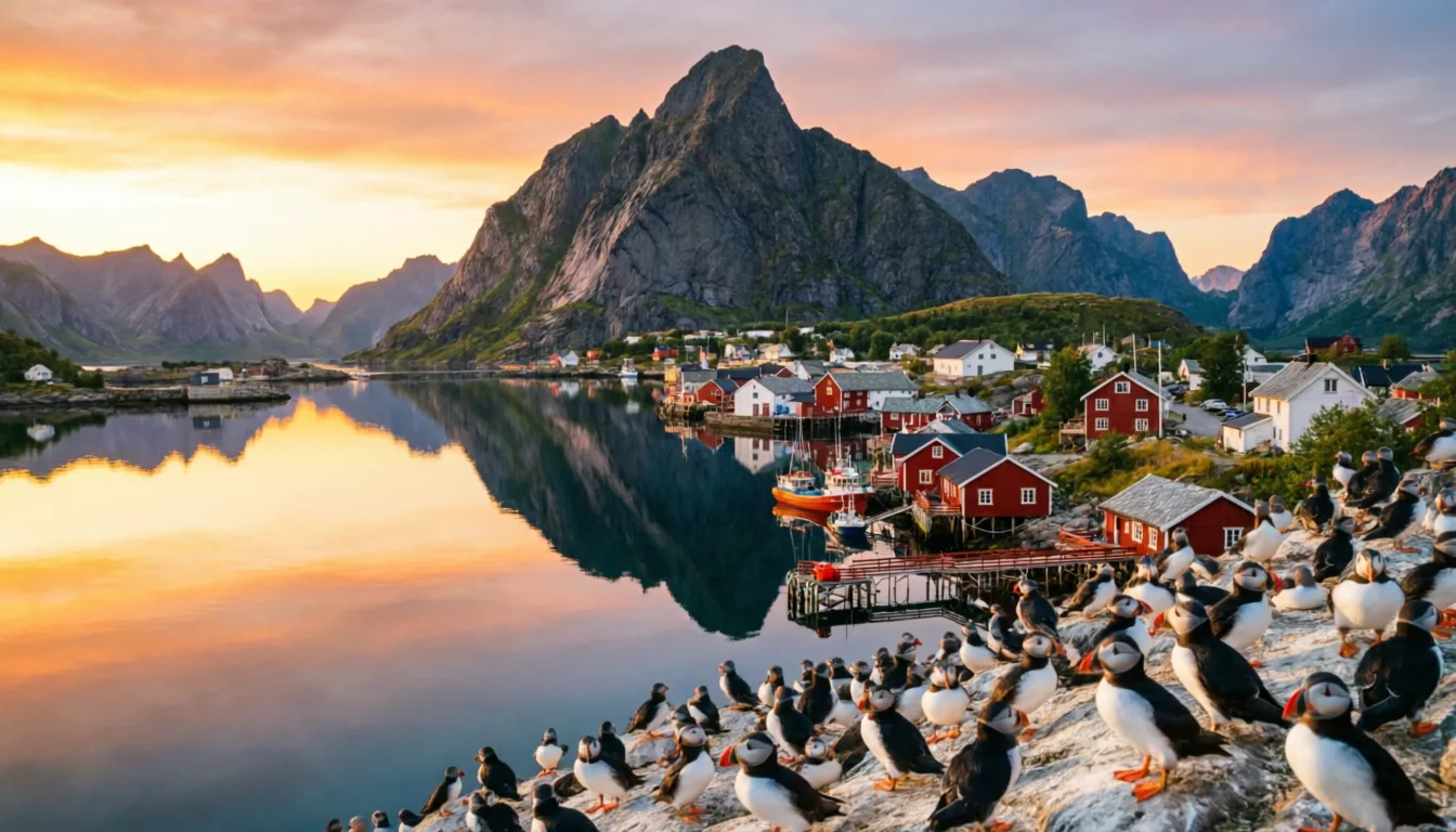 Henningsvær fishing village Norway at sunset with red cabins and dramatic mountains reflecting in harbor waters