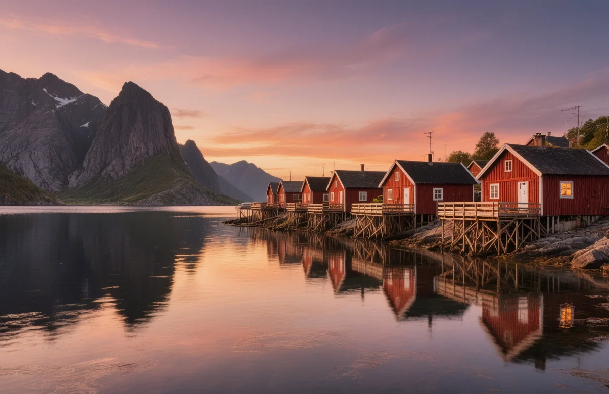 Nusfjord fishing village Norway at sunset with historic red rorbuer cabins and drying racks reflecting in calm harbor waters