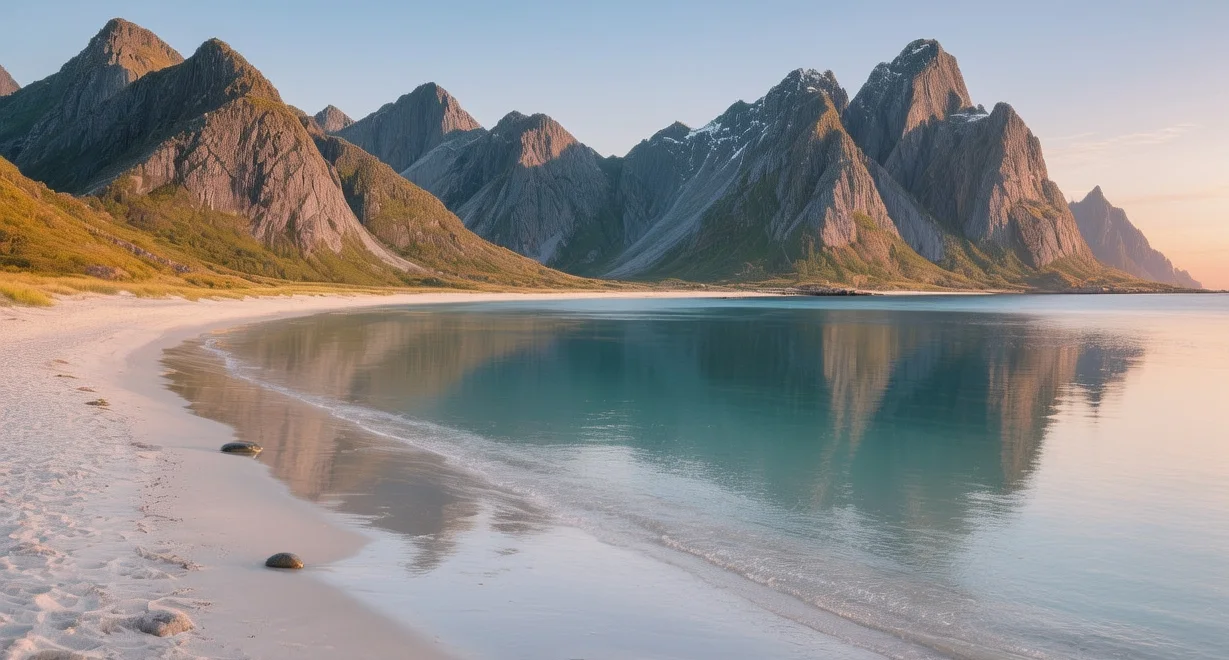 Kvalvika Beach Lofoten Norway at sunrise with white sand and dramatic mountains reflecting in turquoise Arctic ocean waters