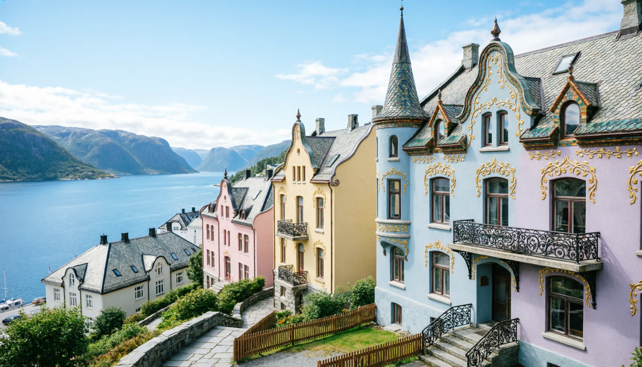 Ålesund Art Nouveau buildings at golden hour with ornate towers and turrets reflecting in harbor waters, Norway
