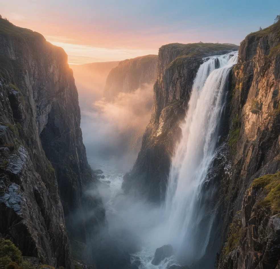 Vøringsfossen waterfall Norway at sunrise with misty cascading water and dramatic canyon walls in Hardanger region