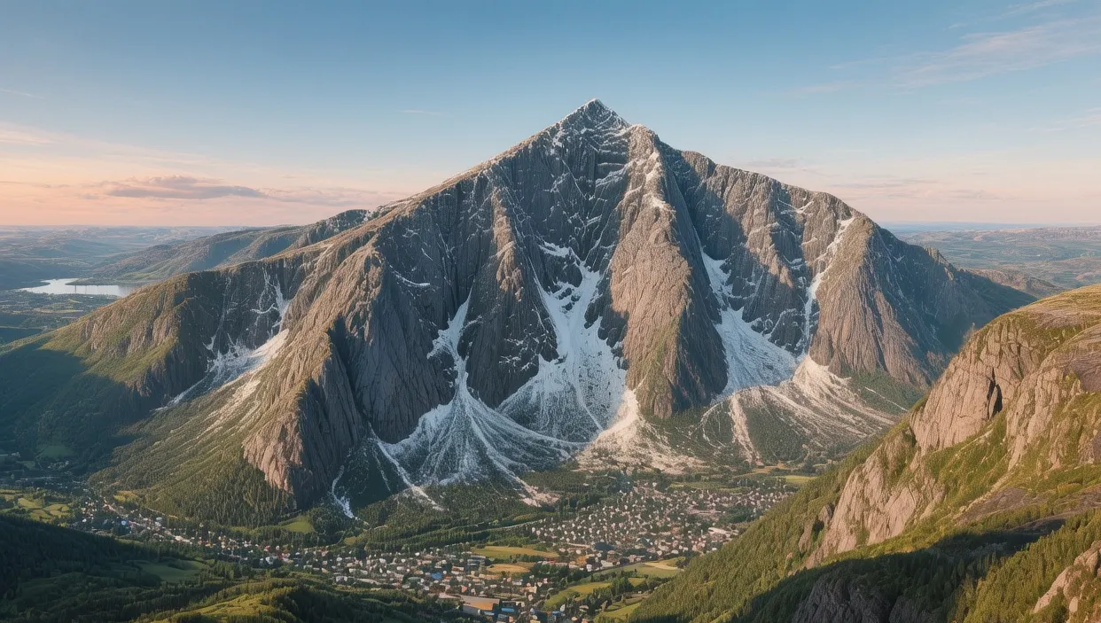 Gaustatoppen mountain Norway at sunrise with dramatic peak and panoramic view over Telemark valleys