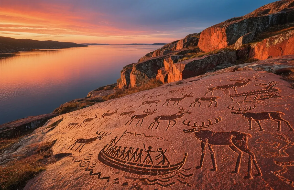 Alta rock carvings Norway at sunset with ancient petroglyphs carved into red sandstone cliffs overlooking fjord