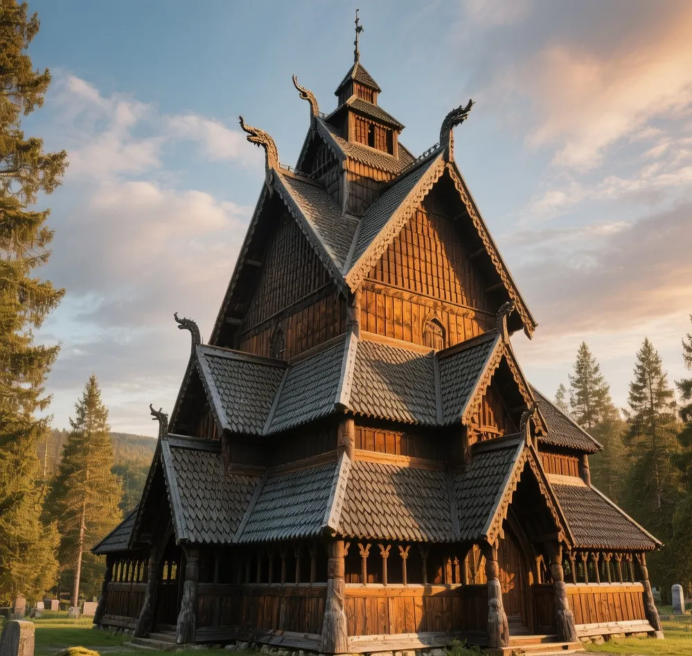 Heddal stave church Norway at sunset with dark wooden towers and green churchyard under golden evening light