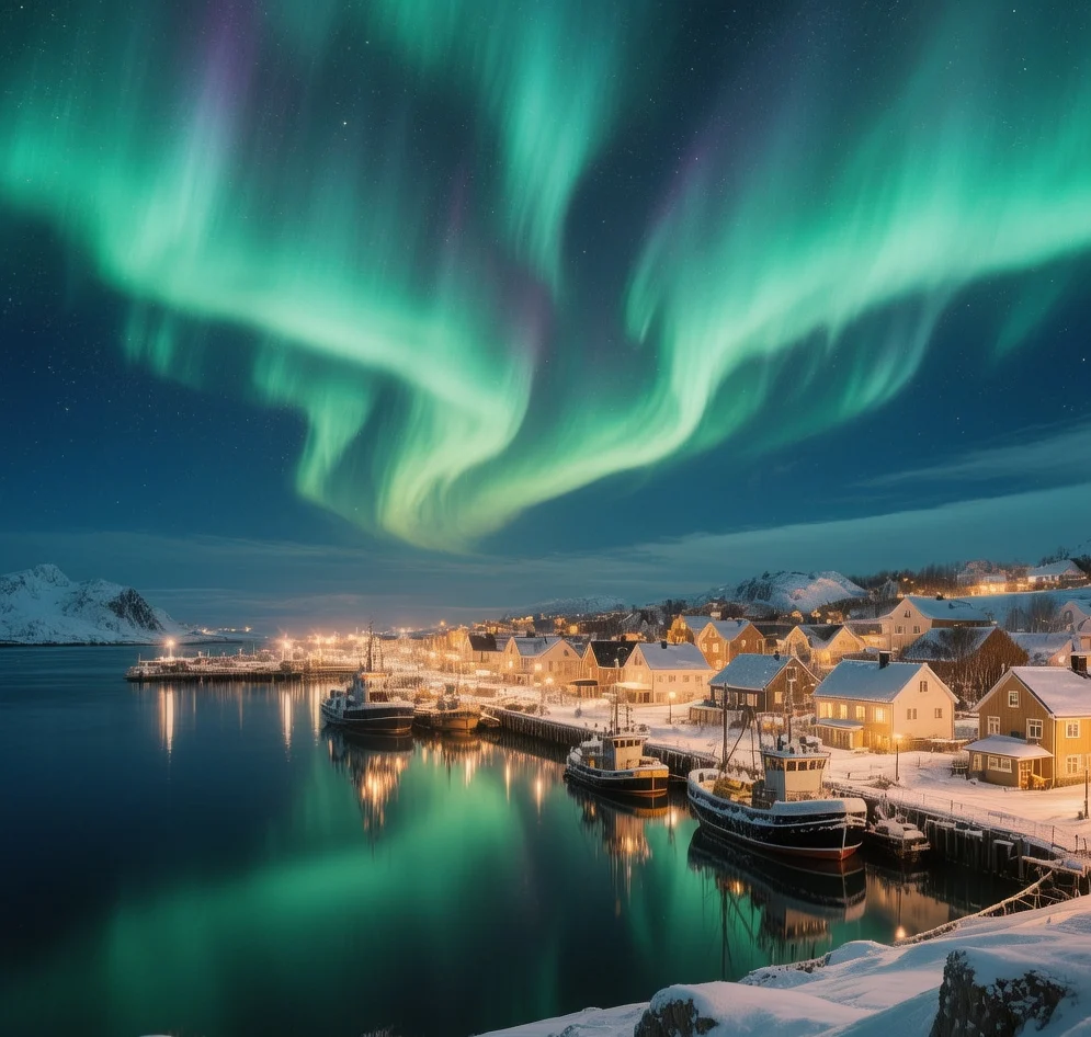 Hammerfest northern lights Norway at night with green aurora borealis dancing above snowy coastal town and harbor waters