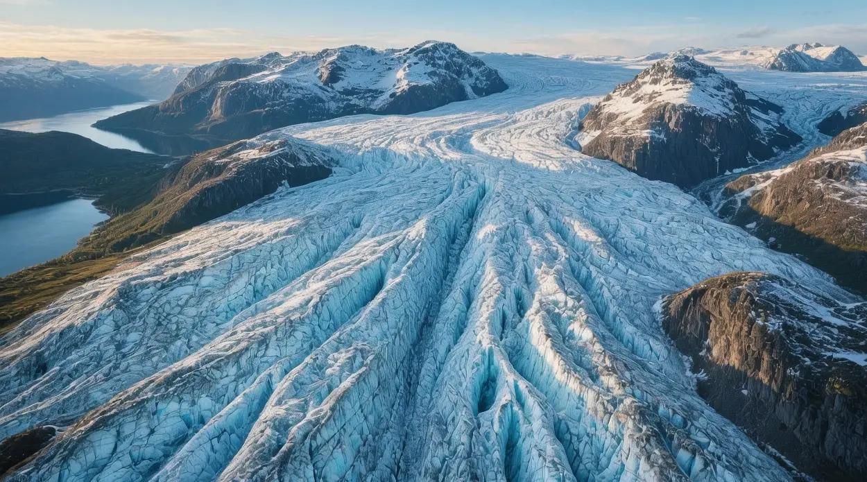 Folgefonna glacier Norway at sunrise with blue ice formations and snow covered mountains in Hardanger region