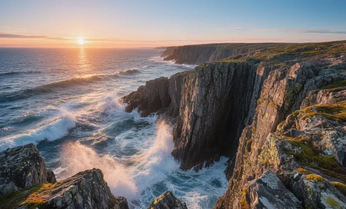 Nordkyn Peninsula Norway at midnight sun with rugged coastal cliffs and Arctic ocean waves crashing below