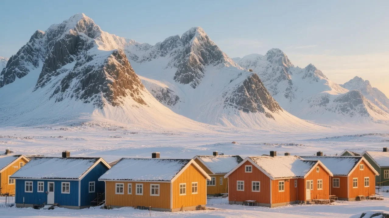 Longyearbyen colorful houses against snowy mountains at midnight sun with Arctic valley backdrop
