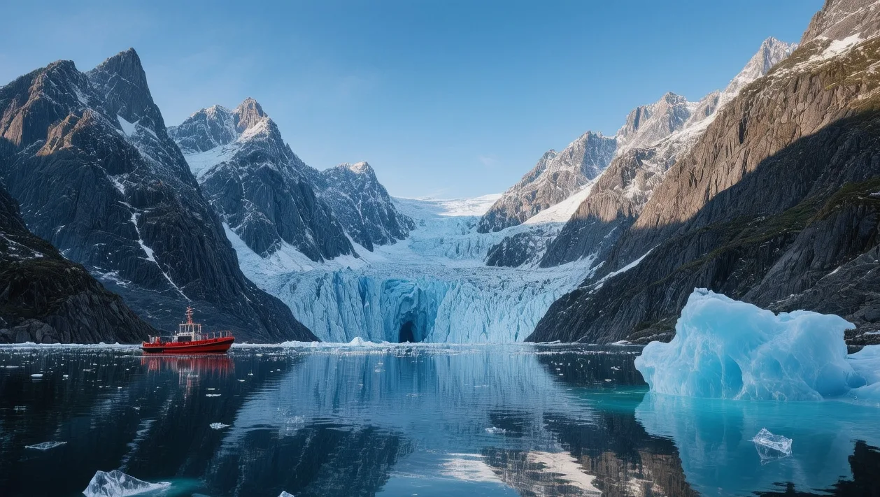 Magdalenefjorden Svalbard glacier at midnight sun with turquoise water and snow capped mountains in background