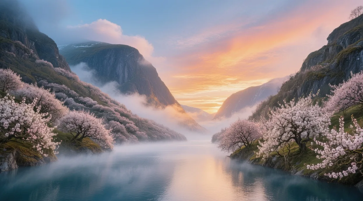 Hardangerfjord Norway at sunrise with misty glacial waters and blooming fruit orchards along steep mountain slopes