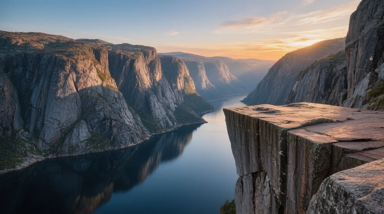 Lysefjord Norway at sunrise with dramatic granite cliffs and Preikestolen rock formation overlooking deep blue water