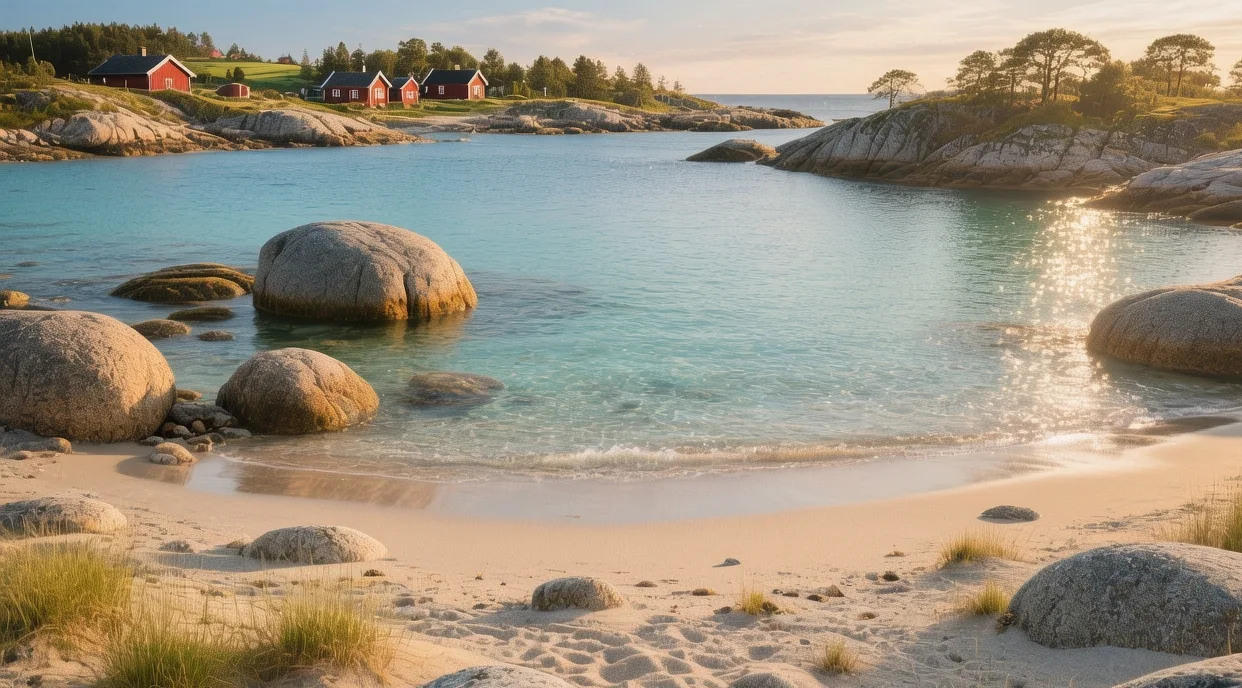 Kristiansand beaches Norway at sunset with white sand and calm Skagerrak waters reflecting golden summer light