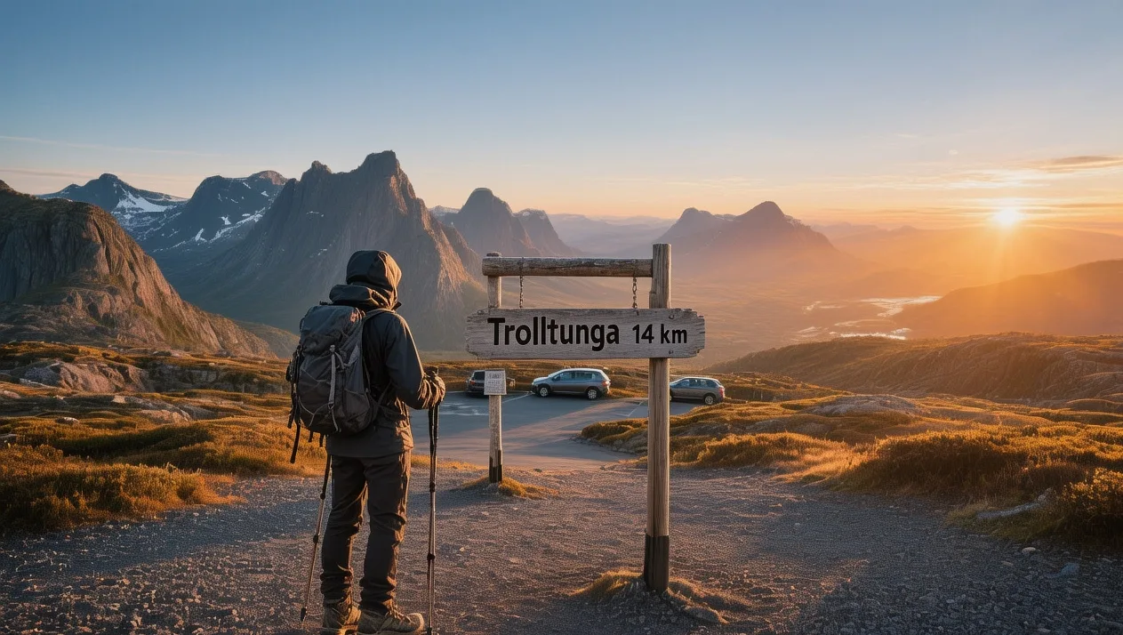 Trolltunga hike starting point in Odda Norway at dawn with hikers preparing for the 28-kilometer journey to the iconic rock formation