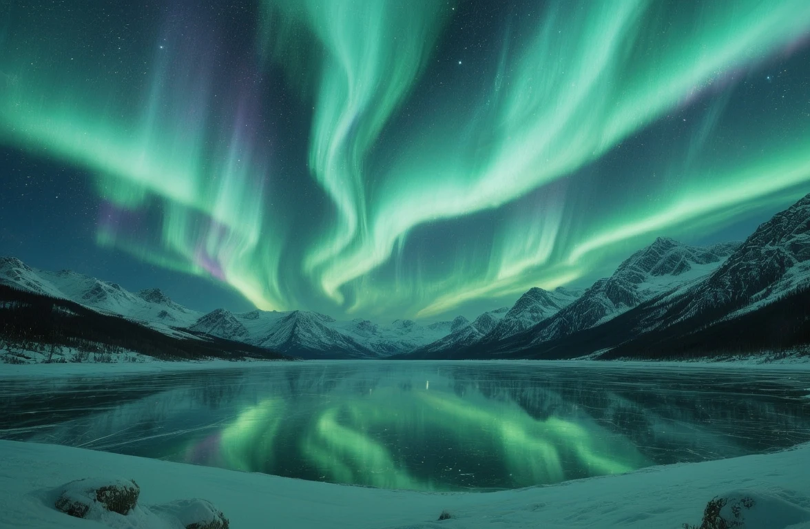 Northern Lights tours Arctic Norway at night with green aurora borealis dancing above snowy landscape and frozen lake
