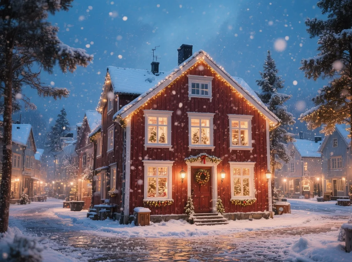 Drøbak Christmas House Norway at winter dusk with red wooden facade and festive lights glowing along Storgata street