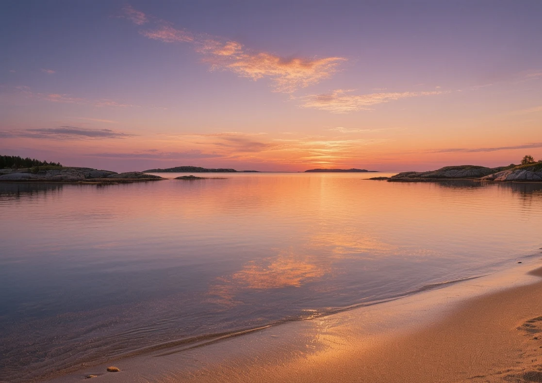 Larvik beaches Norway at sunset with golden sand and calm archipelago waters reflecting summer light