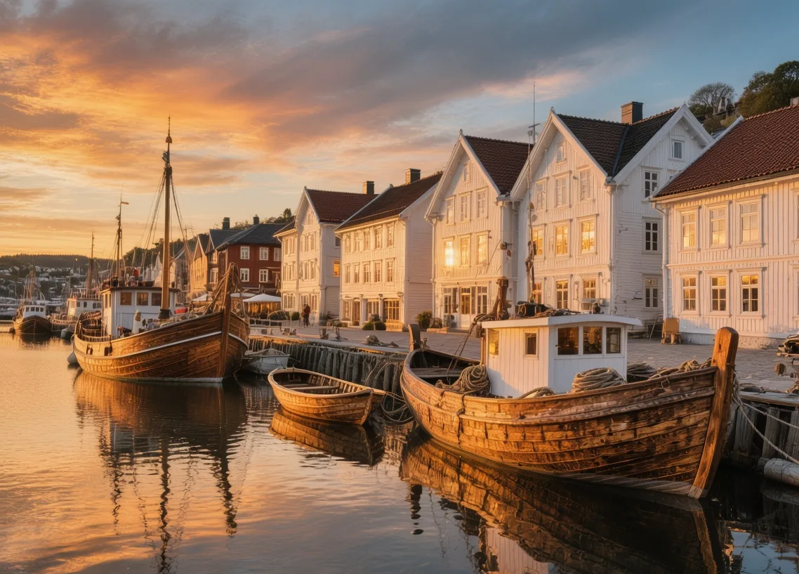 Arendal Pollen harbor Norway at sunset with historic wooden boats and white wooden houses reflecting golden light