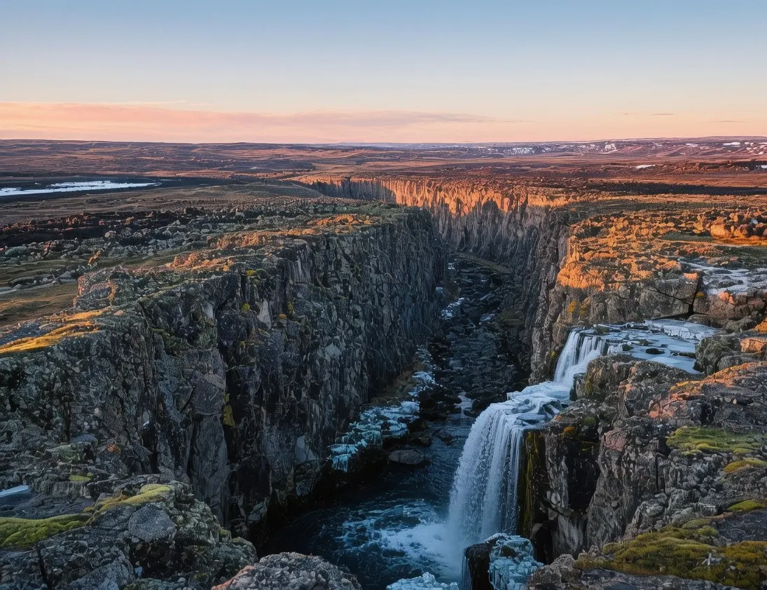 Þingvellir National Park at dawn with Almannagjá gorge, Öxarárfoss waterfall, and tectonic plates under Arctic golden hour light