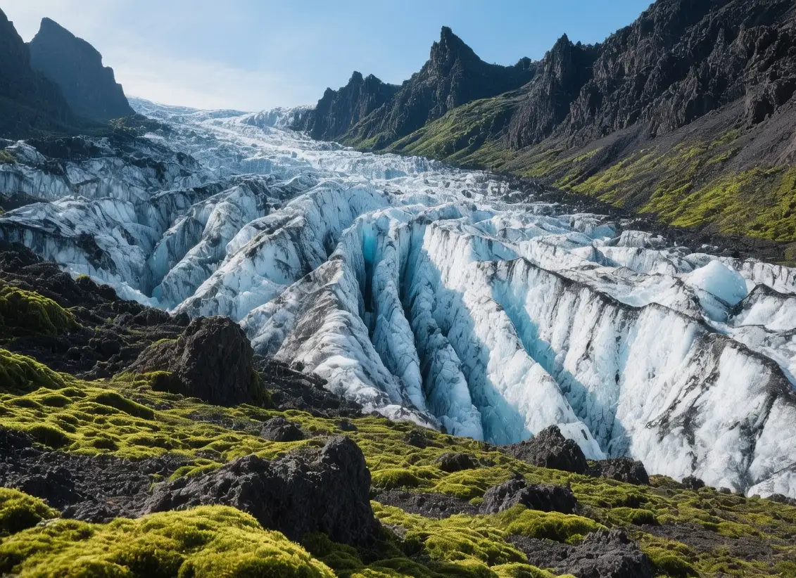 Skaftafell National Park glacier tongue surrounded by green moss and basalt peaks under summer sunlight