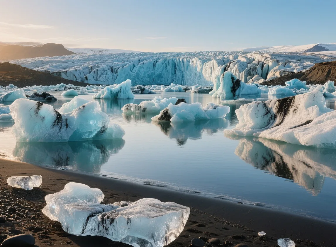 Jökulsárlón glacier lagoon with floating icebergs and black sand under midnight sun light in Southeast Iceland