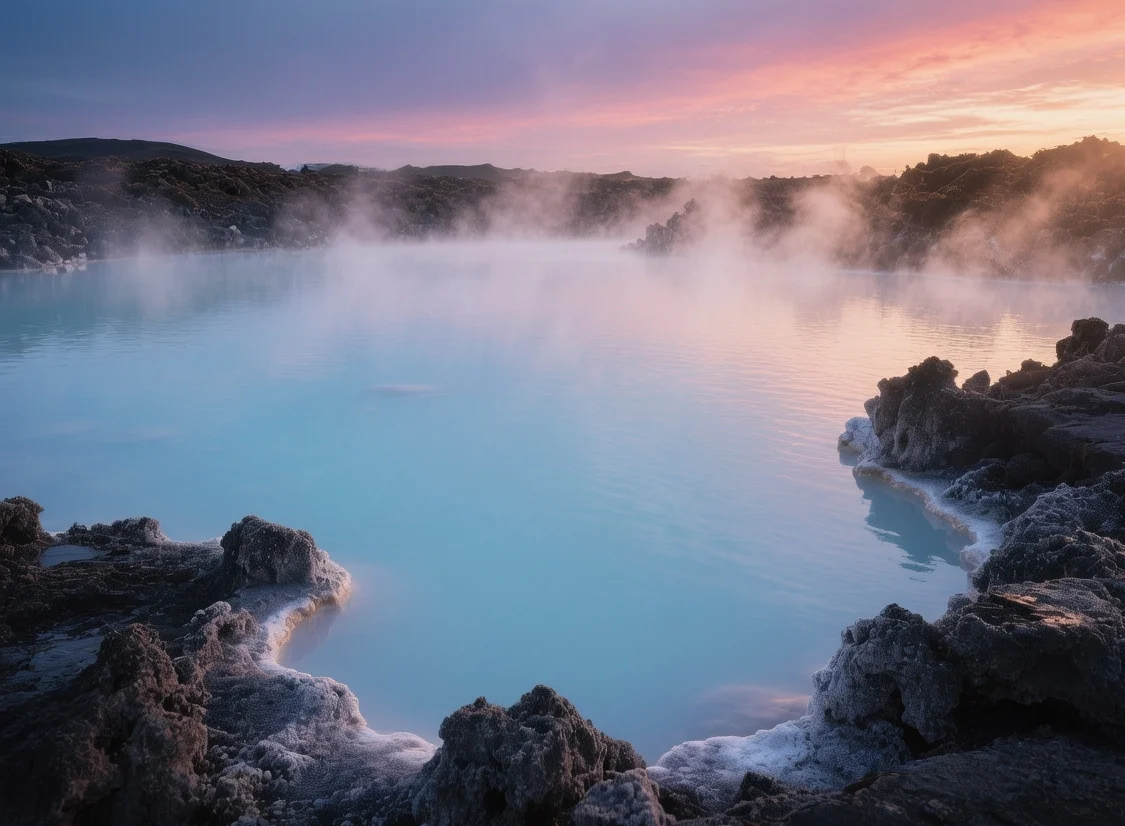 Blue Lagoon geothermal spa at sunset with milky blue waters, volcanic rock formations, and steam rising against Icelandic twilight sky