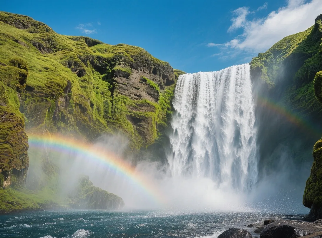 Skógafoss waterfall plunging 60 meters into pool with rainbow mist and green cliffs under Icelandic summer sun
