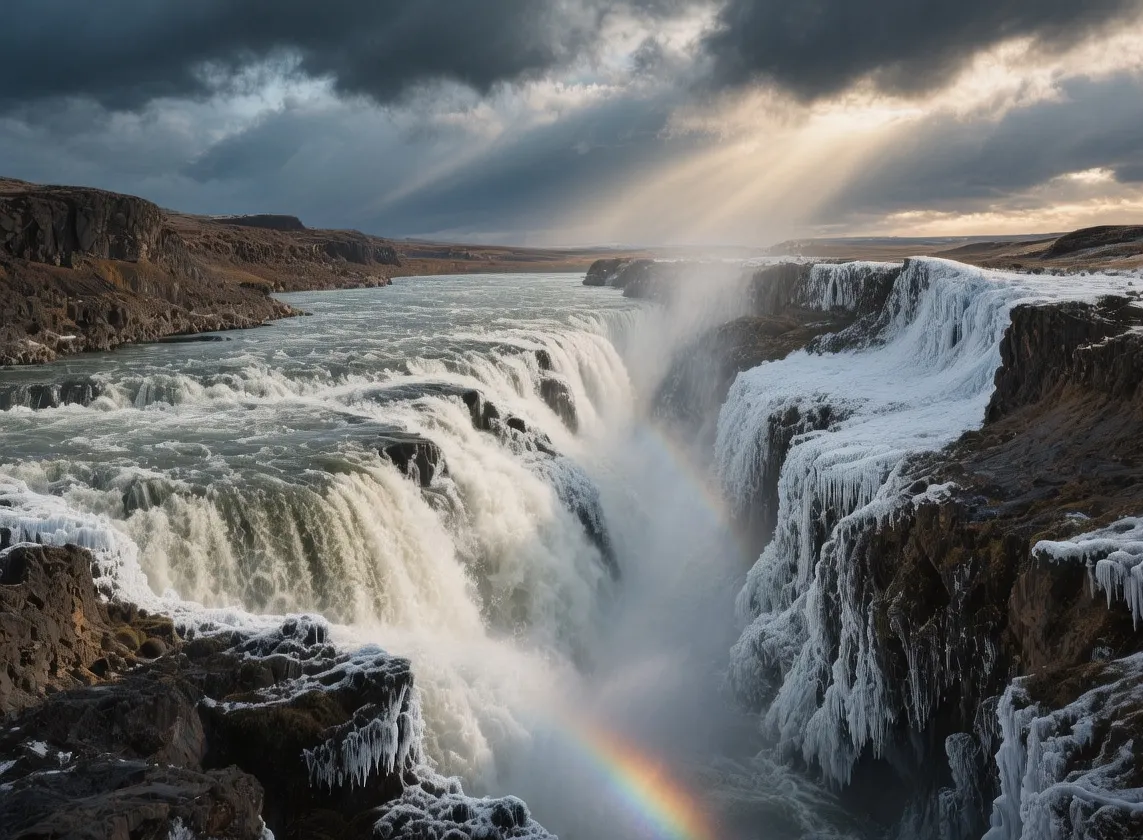 Gullfoss waterfall cascading in two tiers through rugged canyon with rainbow mist and winter ice formations under dramatic Icelandic sky