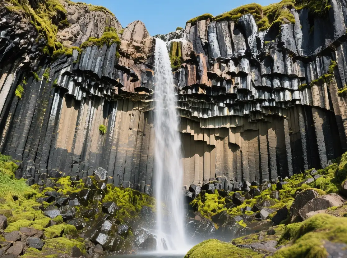 Svartifoss waterfall framed by dark basalt columns surrounded by green moss under summer sunlight in Skaftafell