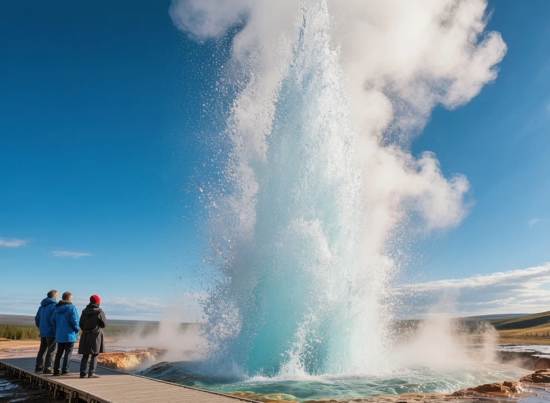 Strokkur geyser erupting violently into blue sky with steam clouds and tourists watching from wooden boardwalks at Geysir geothermal area