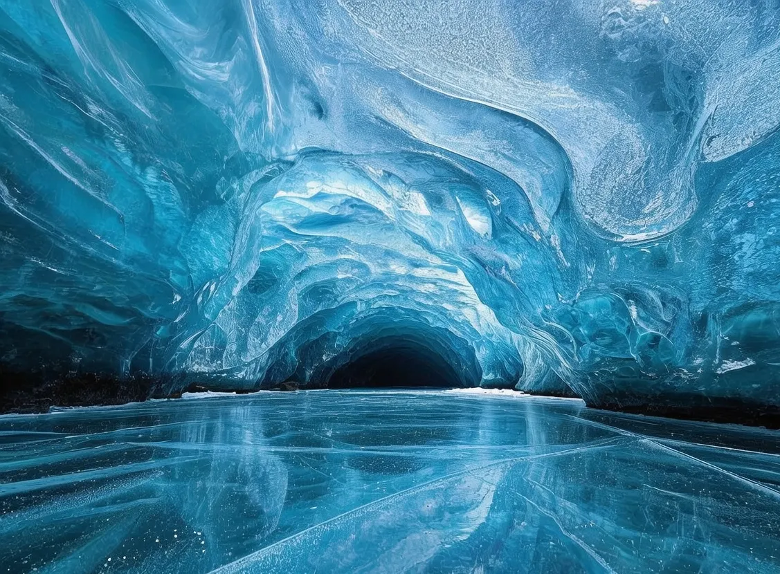 Vatnajökull glacier ice cave with blue ice formations and crystal clarity under Arctic winter light in Southeast Iceland