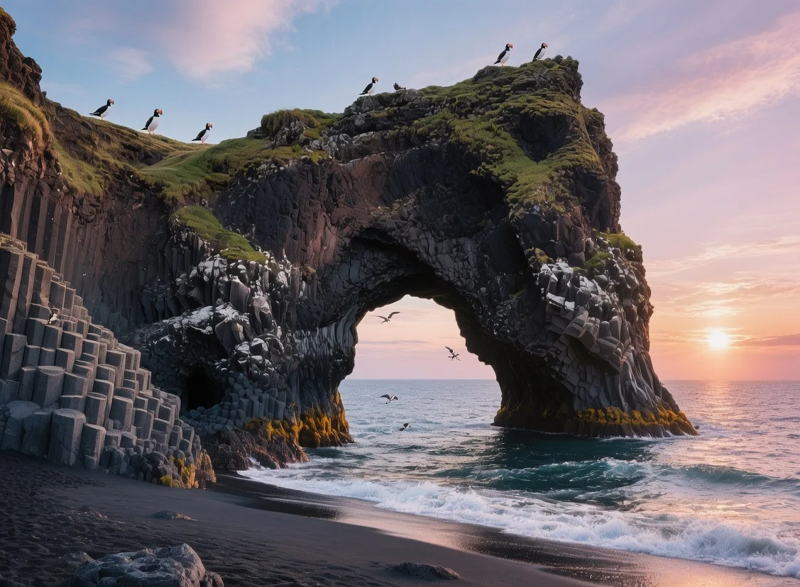 Dyrhólaey black sand arch towering over Atlantic Ocean with basalt columns and puffins under midnight sun light