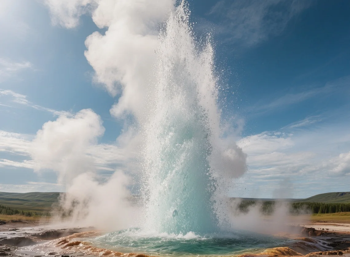 Strokkur geyser erupting 40 meters into Icelandic sky with turquoise water column and steam at Haukadalur geothermal valley