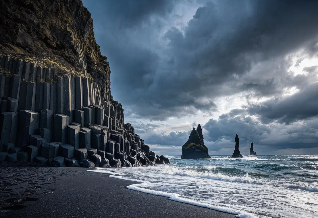 Reynisfjara black sand beach with basalt columns and Reynisdrangar sea stacks under dramatic Icelandic sky