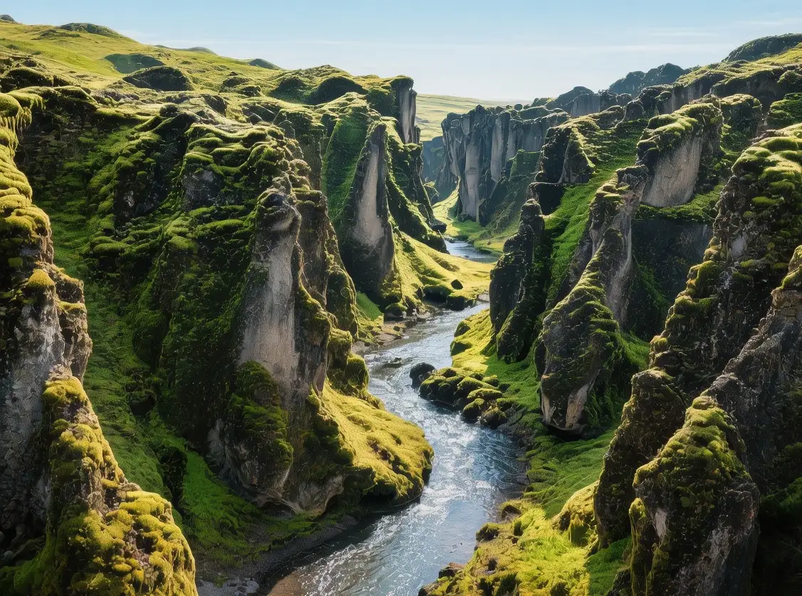 Fjaðrárgljúfur canyon winding riverbed with mossy cliffs under summer sunlight in Southeast Iceland