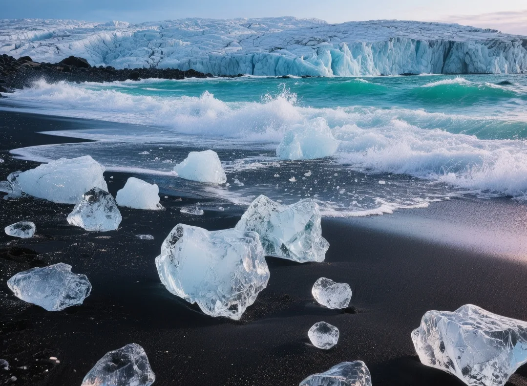 Diamond Beach ice chunks scattered on black volcanic sand with turquoise waves and glacier backdrop under Arctic light