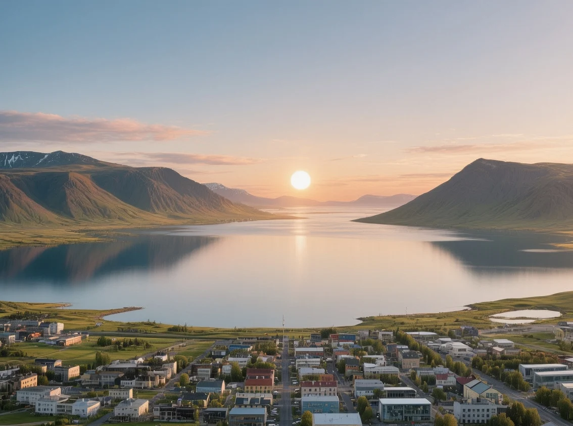 Egilsstaðir town center overlooking Lagarfljót lake with surrounding mountains under midnight sun light in East Iceland