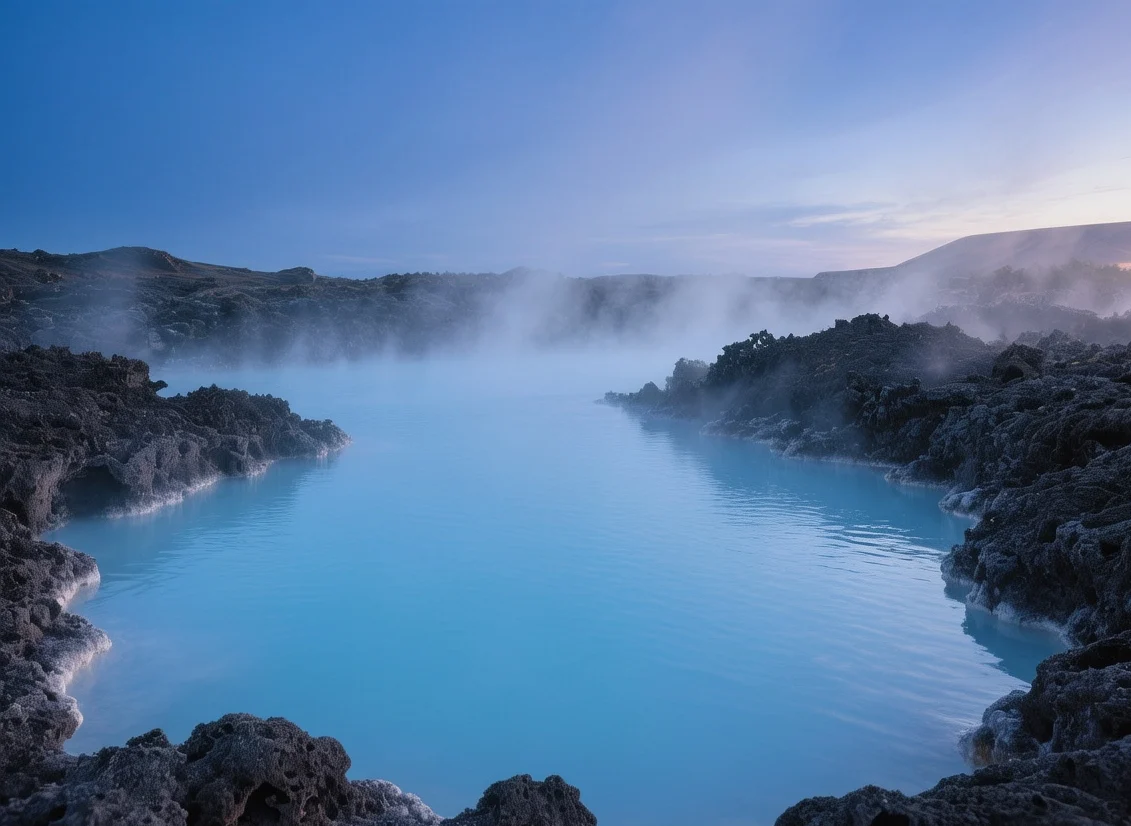 Mývatn Nature Baths milky blue geothermal water with steam rising against dark volcanic lava landscape at twilight