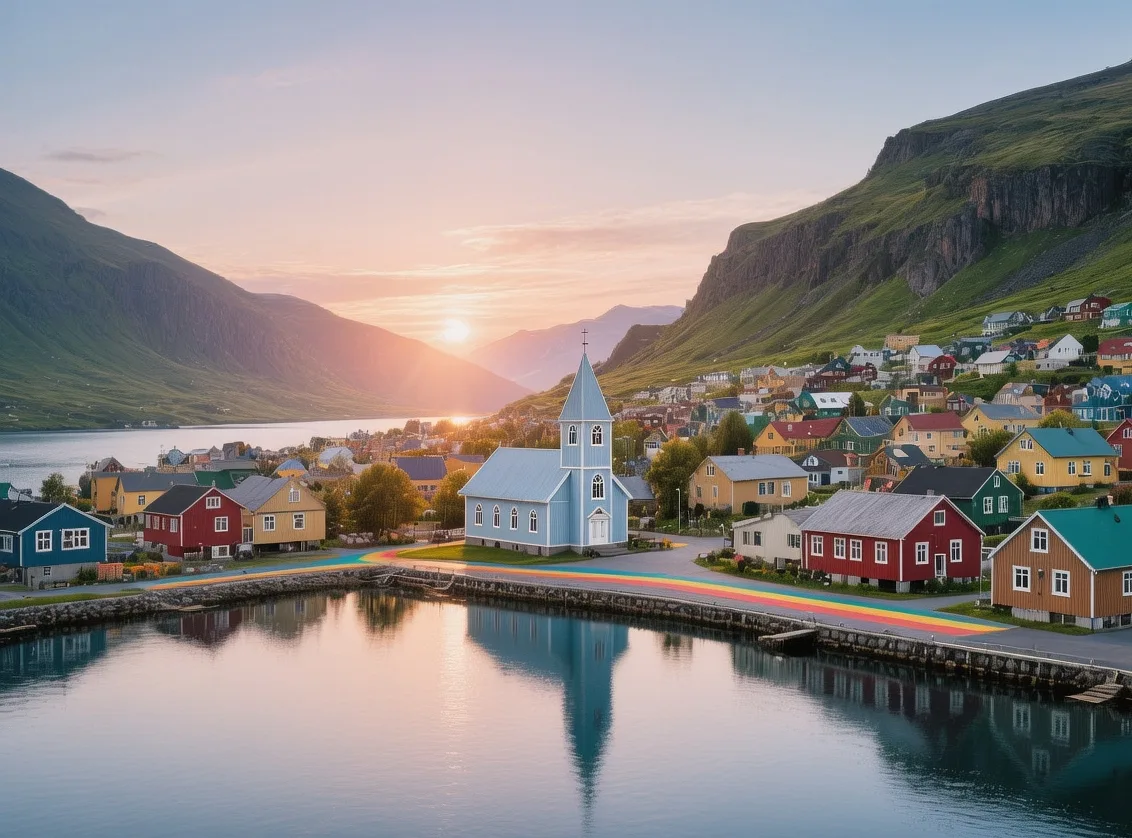 Seyðisfjörður colorful houses cascading down steep hillside to blue church and fjord under midnight sun