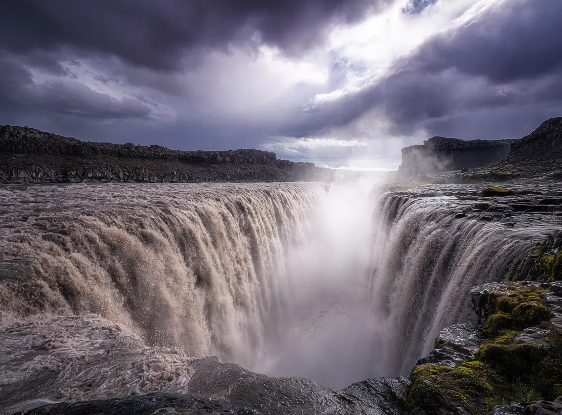 Dettifoss waterfall thundering with massive water volume and mist rising under dramatic North Iceland sky